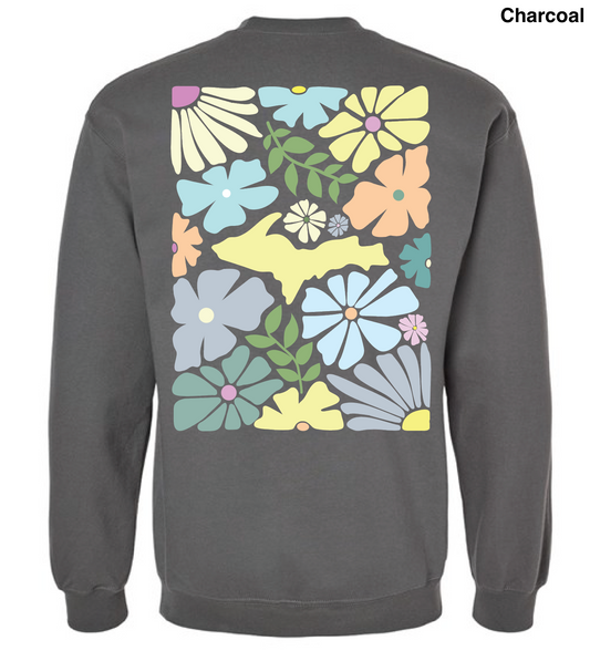 Gray sweatshirt with colorful floral design on the back against a white background